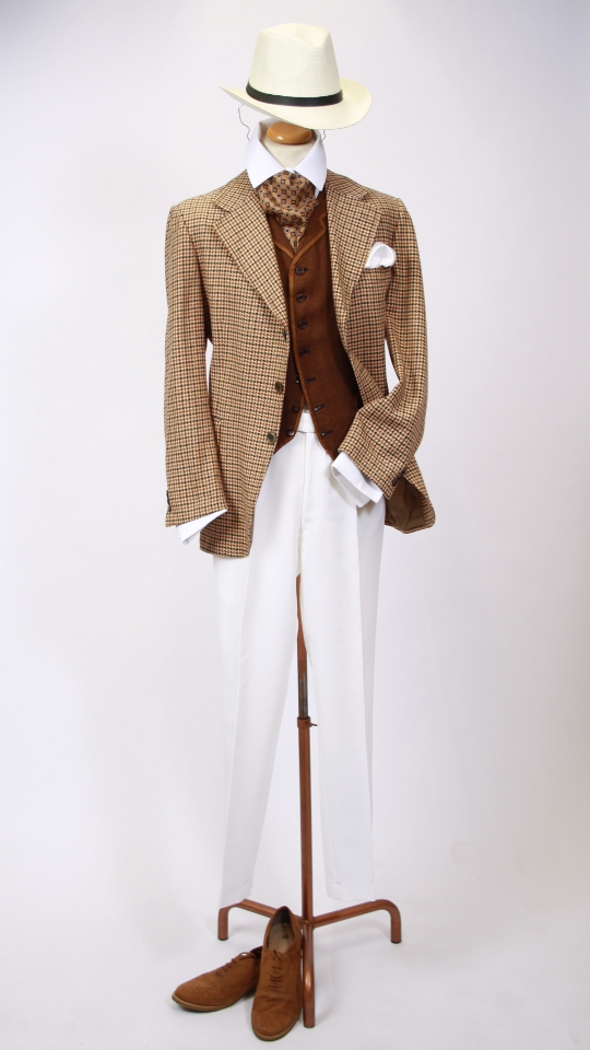 50er Jahre Outfit – Herren – Braun-Weiß (Jacke, Hut und Halstuch) mieten