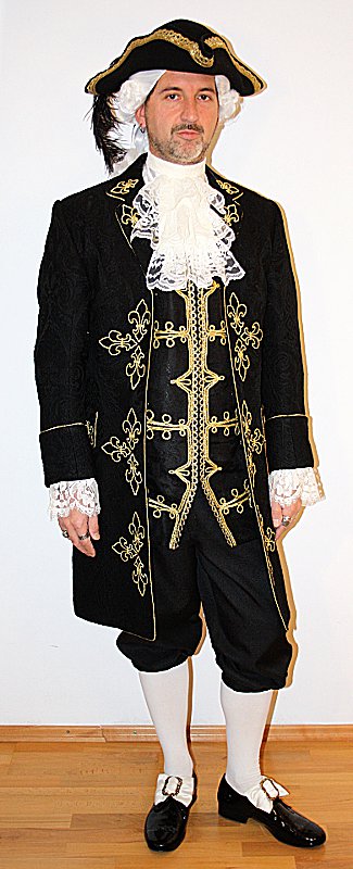 Rokoko – Karneval in Venedig Outfit – Schwarz-Gold (Weste und Jabot) mieten