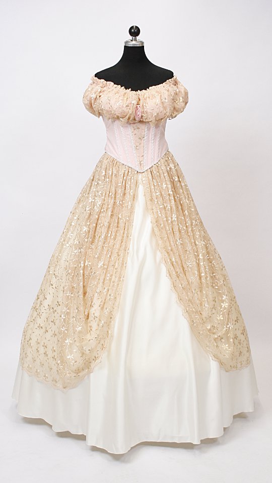 Aschenputtel Outfit – Weiß-Apricot (Kleid, Reifrock und Pompadure) mieten