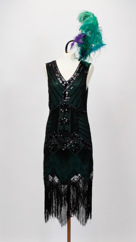 20er Jahre – Charleston Outfit – Damen – Schwarz-Grün (Kleid, Stirnband, Kette und Handsch