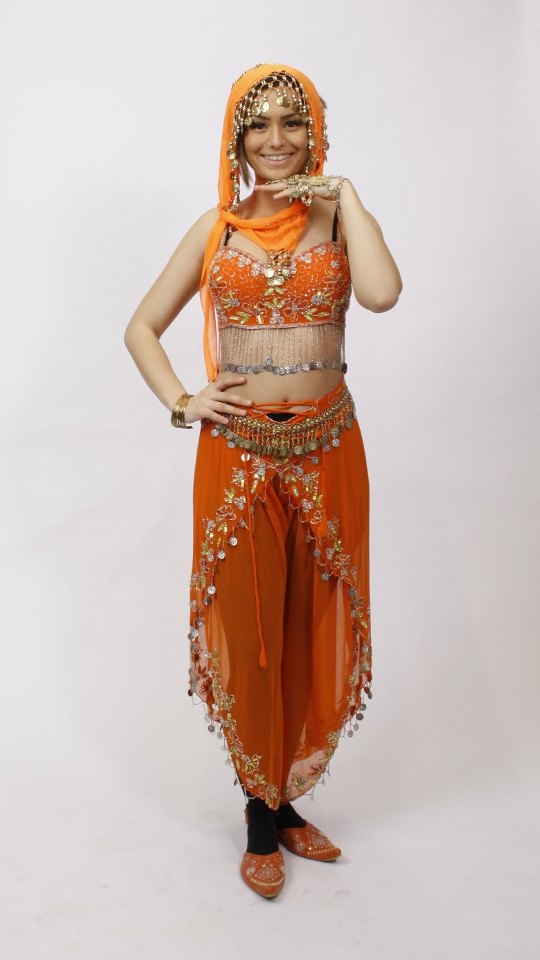 Haremsdame – Bauchtänzerin – Orange (Top, Hose, Tuch mit Haarschmuck) mieten