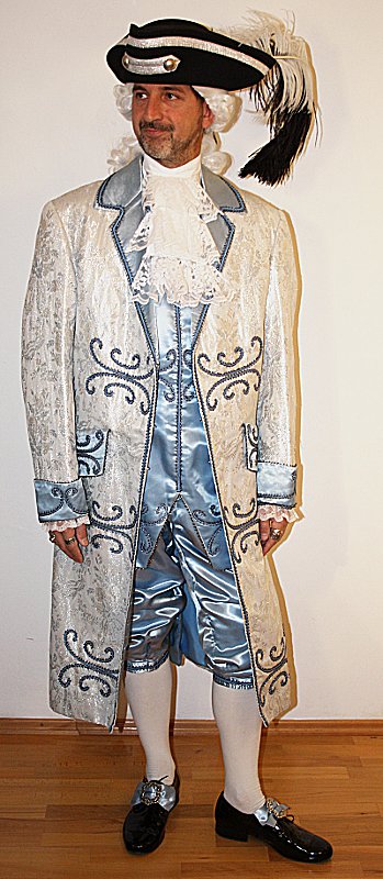 Rokoko – Karneval in Venedig Outfit – Hellblau-Silber (Weste und Jabot) mieten