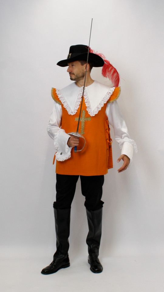 Musketier Outfit – Orange (Überwurf, Hemd und Hut) mieten