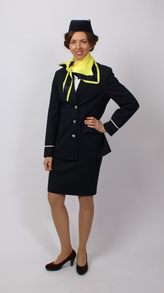 Stewardess Outfit – Blau (Jacke, Rock, Bluse, Schal und Schiffchen) mieten