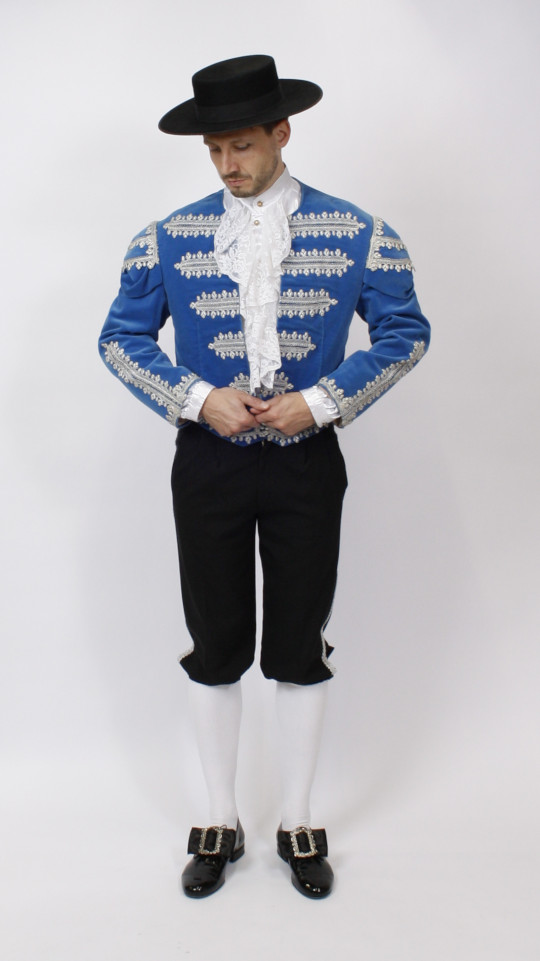 Torero – Spanier Outfit – Hellblau (Rüschenhemd und Hut) mieten