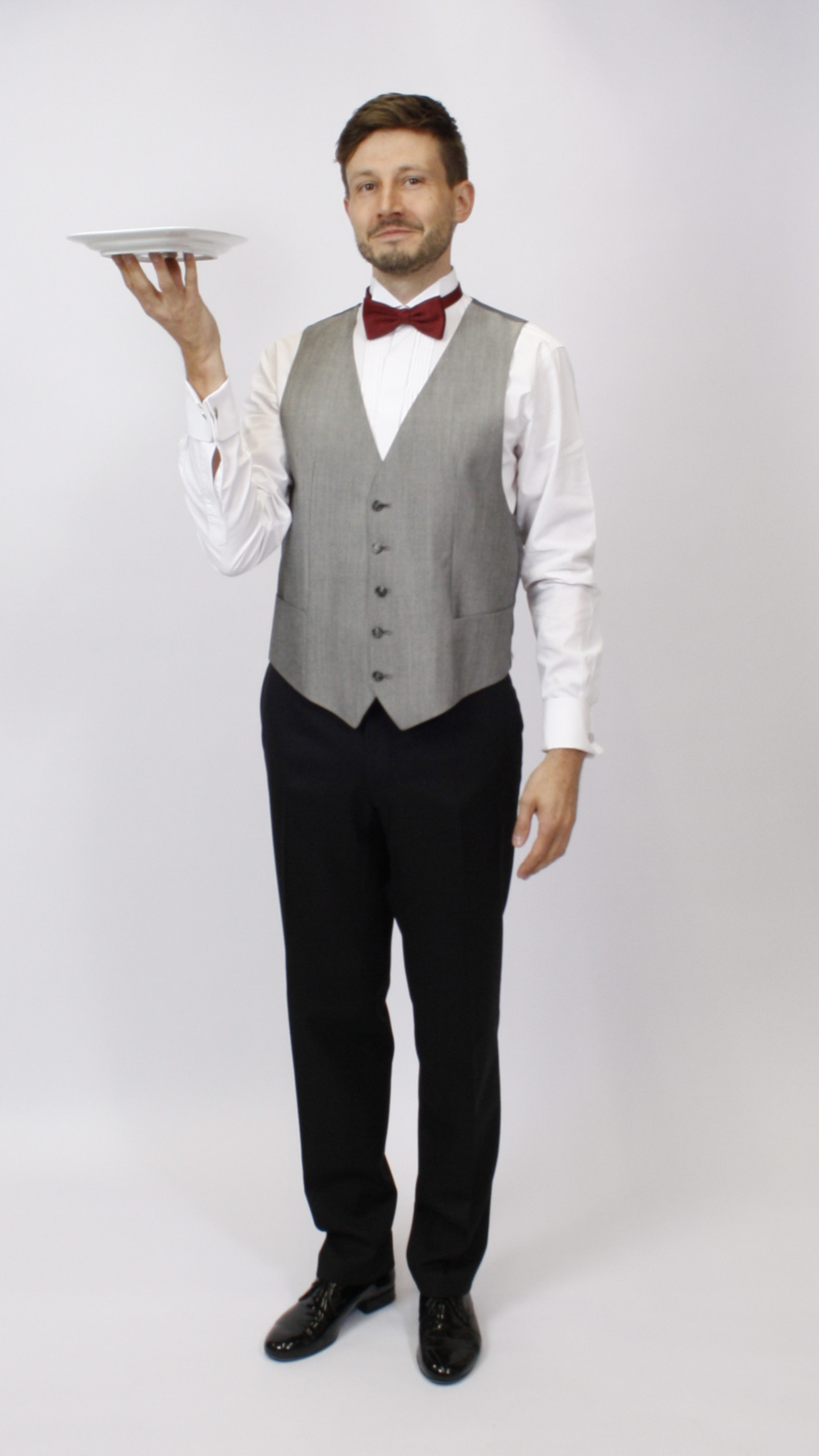 Kellner – Servicekraft Outfit – Herren – Grau (Weste und Fliege) mieten