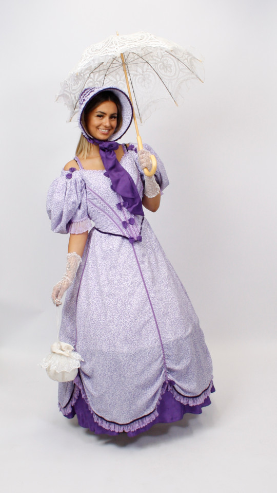 Biedermeier Outfit – Flieder (Kleid, Reifrock und Kette) mieten
