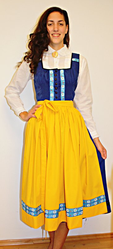 Schwedische Tracht – Damen – Blau-Gelb (Dirndl, Bluse, Schürze und Brosche) mieten