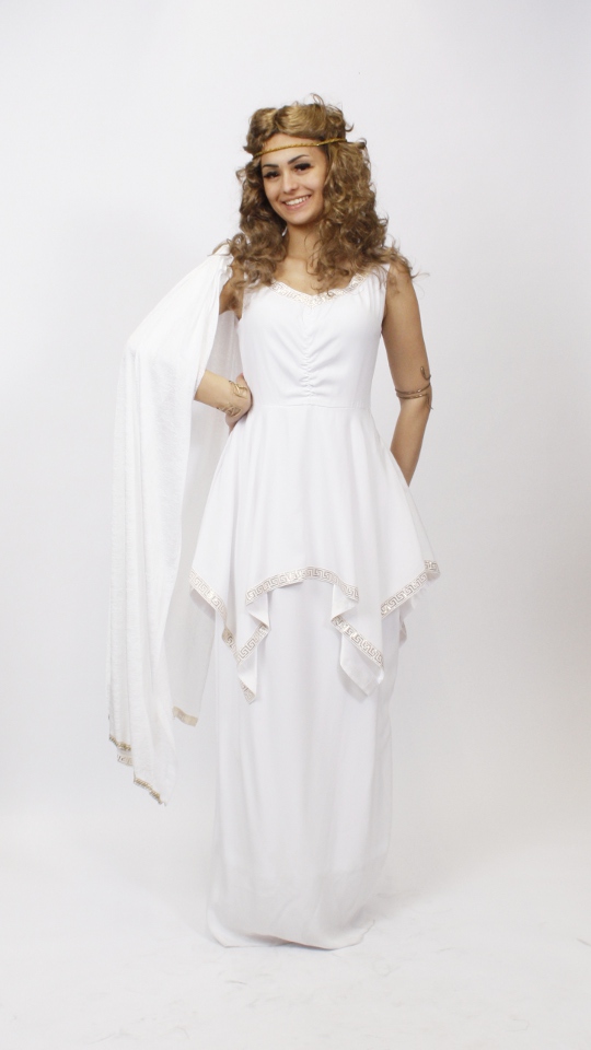 Griechin Outfit – Weiß (Kleid, Armband und Stirnband) mieten