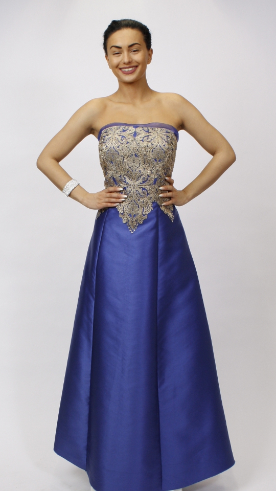 Abendkleid blau gold mieten
