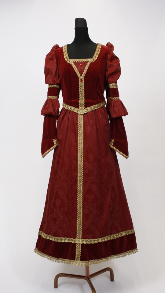 Schneewittchen Outfit – Weinrot (Kleid, Reifrock, Cape und Kette) mieten