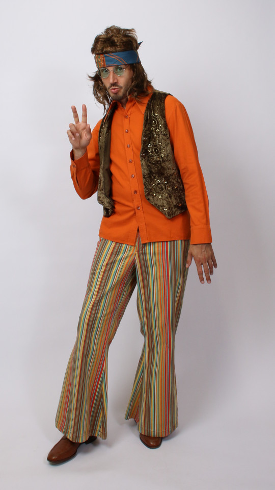 70er Jahre – Hippie Outfit – Herren – Orange (Hemd, Kette und Stirnband) mieten