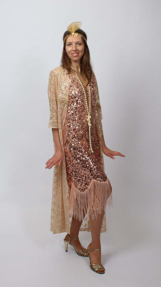 20er Jahre – Charleston Outfit – Damen – Apricot (Kleid, Stirnband, Kette und Handschuhe)