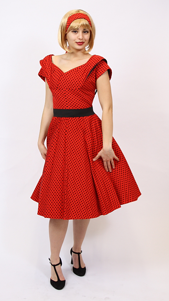 50er Jahre Outfit – Damen – Rot-Orange (Kleid, Petticoat, Haarband, Gürtel und Handschuhe)