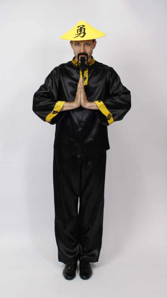 Chinese Outfit – Schwarz-Gelb (Hemd und Hut) mieten