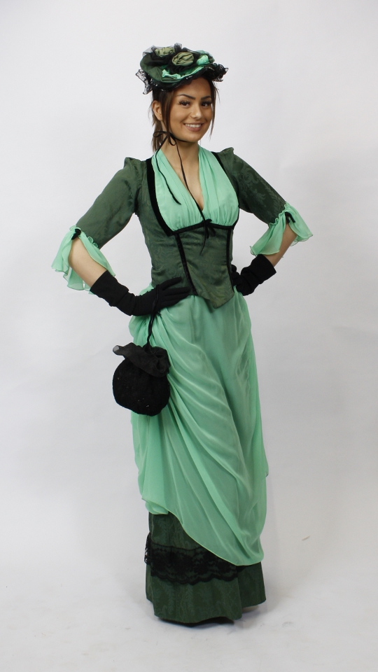 Jahrhundertwende Outfit – Grün-Schwarz (Kleid, Hütchen, Handschuhe, Pompadure, Kette, Armb