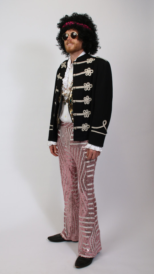 70er Jahre – Hippie – Jimi Hendrix Outfit (Hose, Hemd, Weste, Brille und Stirnband) mieten