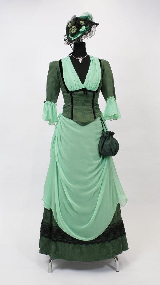 Jahrhundertwende – Biedermeier Outfit – Damen – Grün (Kleid, Hütchen, Handschuhe, Pompadur