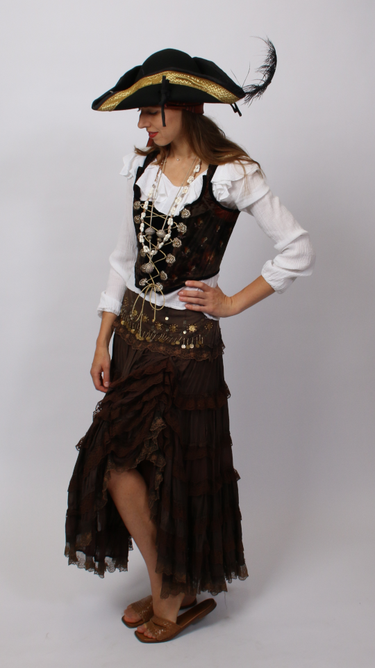 Piratin Outfit – Damen (Rock, Bluse, Mieder, Dreispitz und 2 Ketten) mieten
