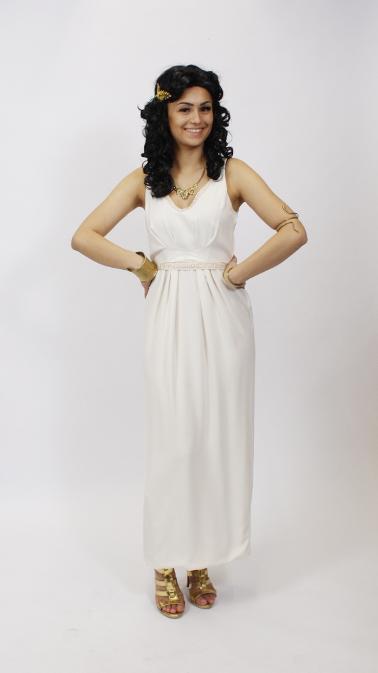 Griechin Outfit – Creme mit Borte (Kleid, Armband und Stirnband) mieten