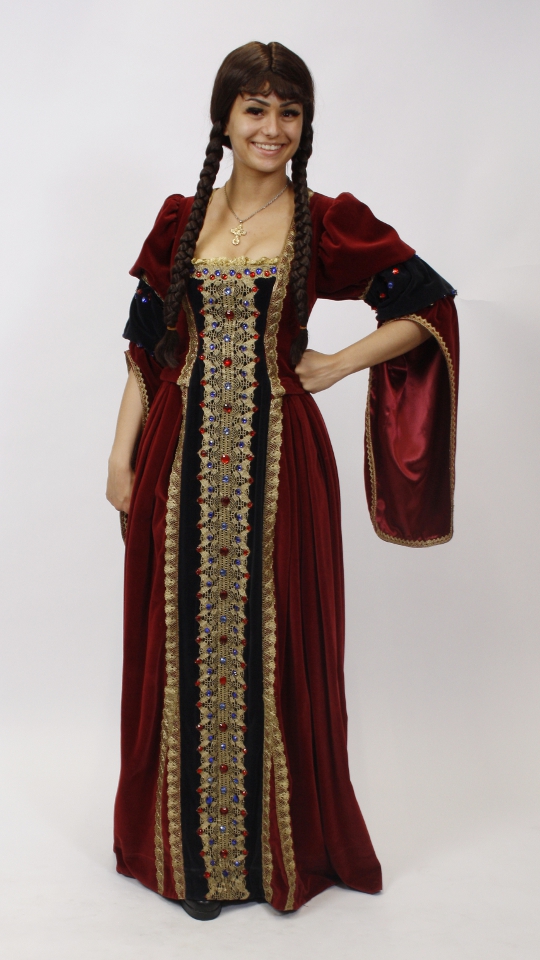 Mittelalter – Ratsherrenball Outfit – Damen – Rot-Dunkelblau (Kleid, Stirnband, Beutel, Ke