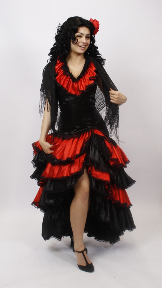 Spanische Tracht – Spanierin – Flamenco Outfit (Kleid und Rose) mieten