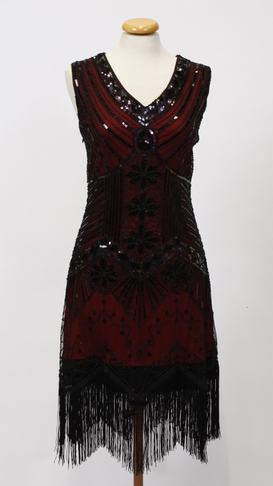 20er Jahre – Charleston Outfit – Damen – Rot-Schwarz (Kleid, Stirnband und Kette) mieten
