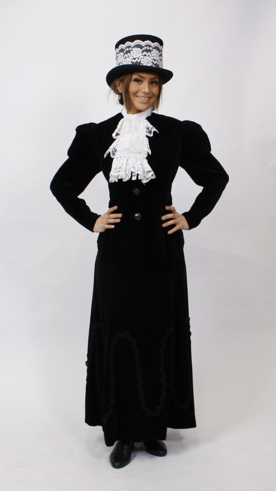 Reiterin – Antik – Samt-Schwarz (Jacke, Rock und Jabot) mieten