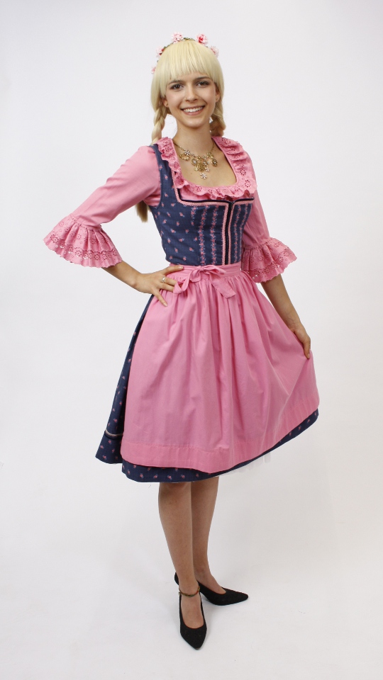 Dirndl – Blau-Rosa mit Rosen – Damen (Dirndl, Schürze und Bluse) mieten