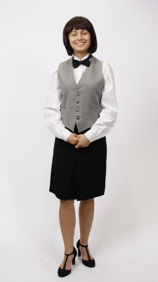Hostess – Kellnerin Outfit (Weste, Rock, Bluse und Fliege) mieten