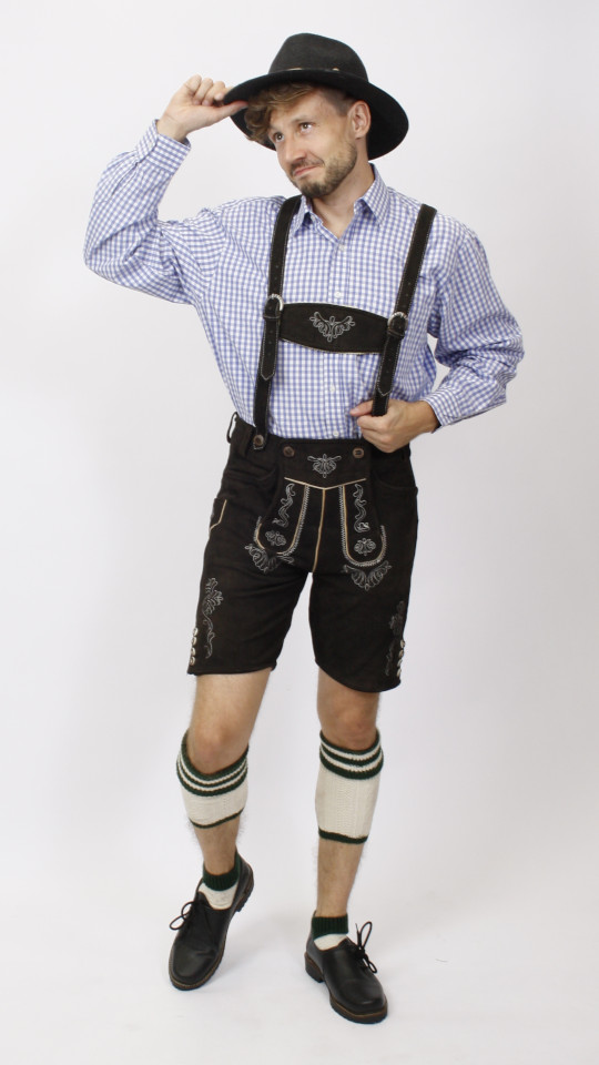 Lederhose dunkelbraun kurz -Hemd blau zubuchbar- mieten