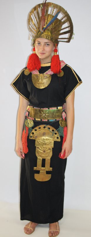 Inka Outfit – Schwarz-Orange-Gold (Kutte, Gürtel, Kopfbedeckung und Kette) mieten