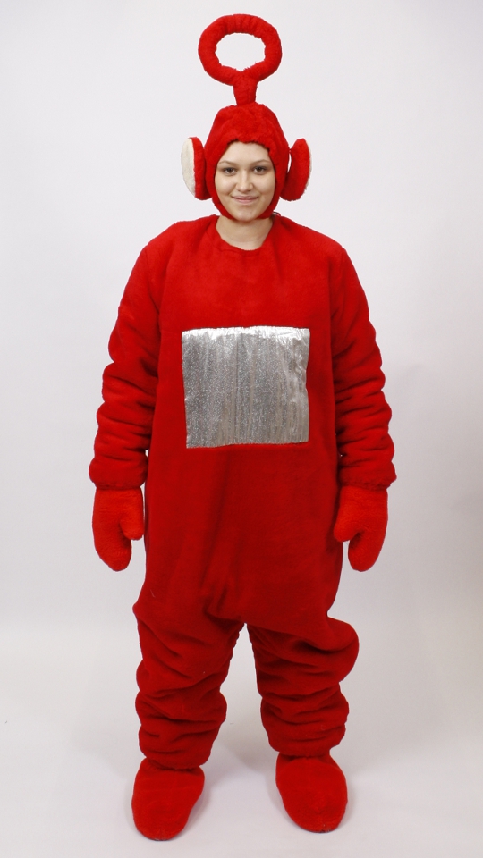 Teletubbie Outfit – Rot (Overall, Gamaschen, Handschuhe und Mütze) mieten