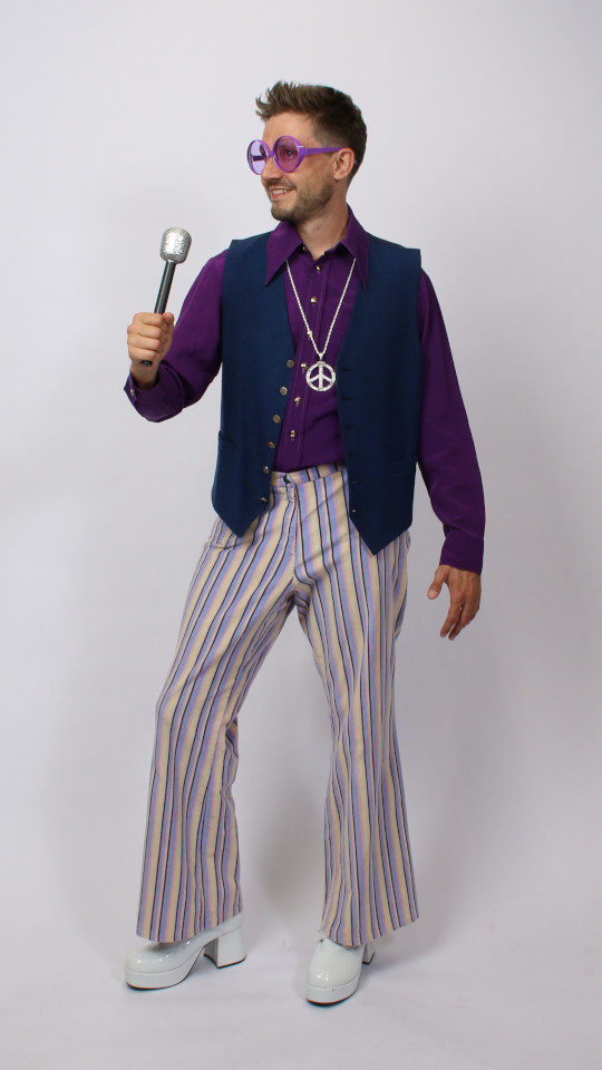 70er Jahre – Hippie Outfit – Herren – Lila/Türkis (Hemd, Kette und Stirnband) mieten