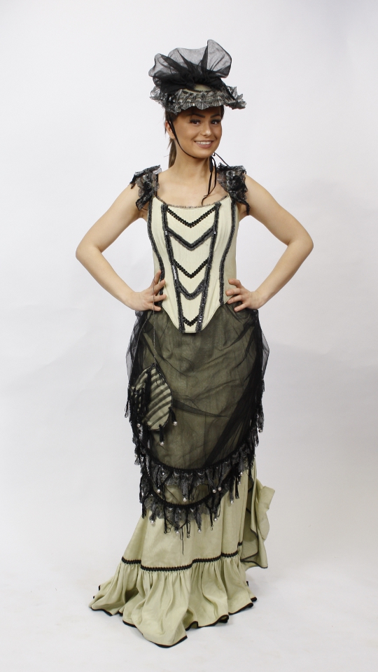 Jahrhundertwende – Biedermeier – Cul de Paris – Damen – Grün (Kleid, Hütchen, Pompadure, H