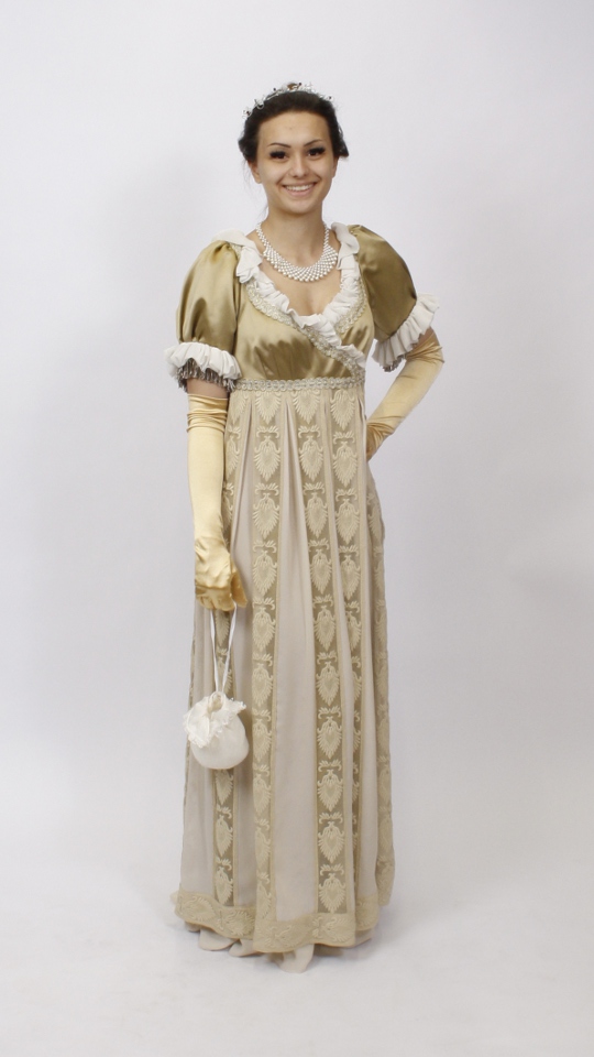 Empire – 19. Jahrhundert Outfit – Damen – Gold-Beige (Kleid, Handschuhe und Pompadure) mie