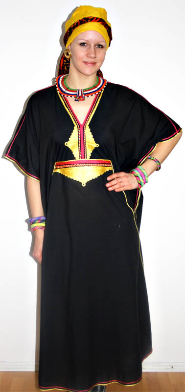 Afrikanerin Outfit – Schwarzgelber Turban (Gewand, Turban, Ohrringe und Kette) mieten