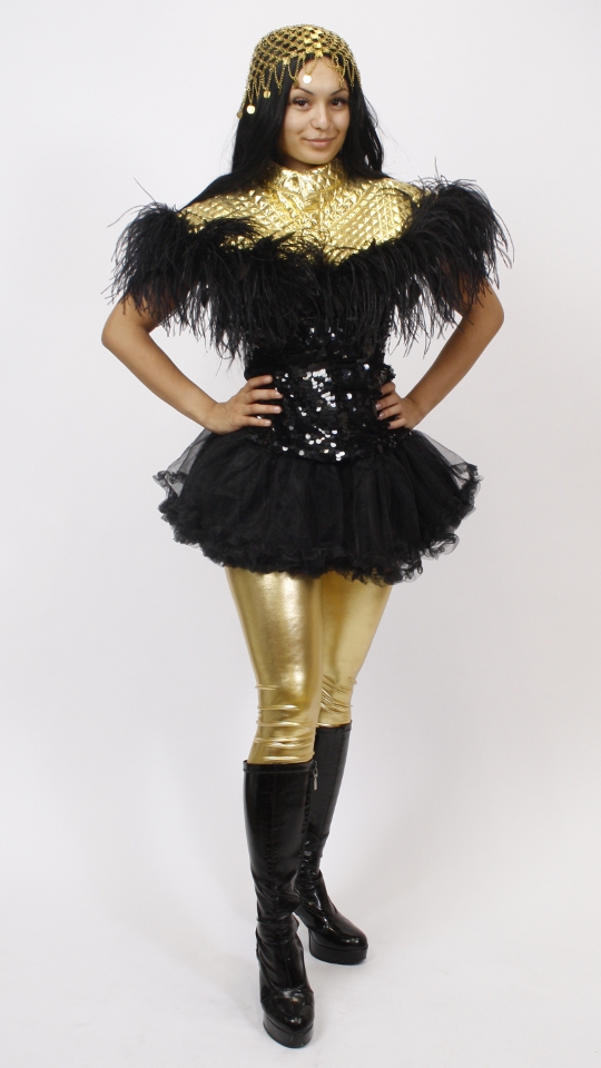 Zirkuskostüm – Gold-Schwarz (Paillettentop und Rock) mieten