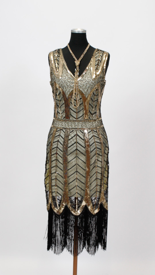 20er Jahre – Charleston Outfit – Damen – Beige-Gold (Kleid, Stirnband, Kette und Handschuh