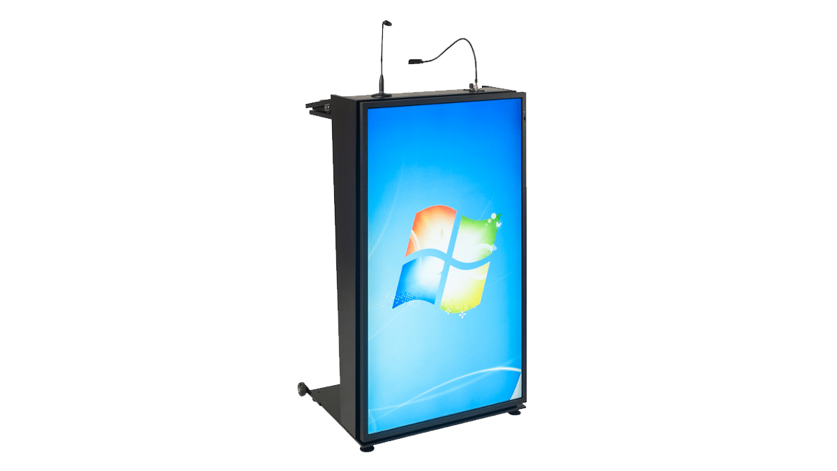 Rednerpult – schwarz elektrisch Höhenverstellbar mit 49″ Frontscreen mieten