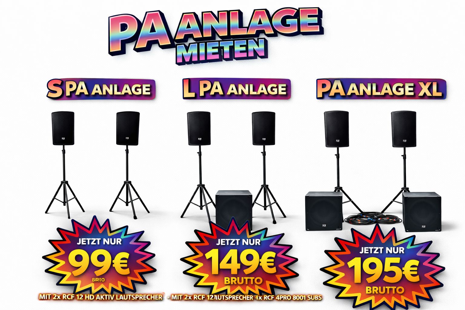 Lautsprecher Musikanlage Tonanlage Musikboxen PA Anlage mieten – XL, L, oder S | Professionelle Beschallung für Events