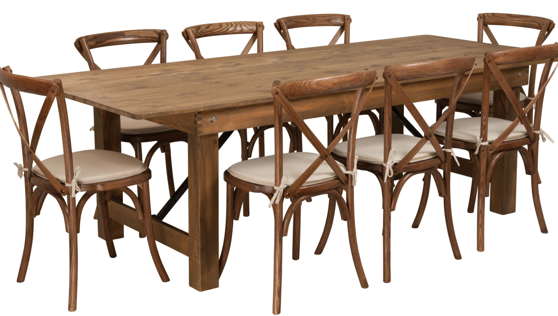 Rustikaler Holztisch / Crossback mieten für Vintage Hochzeit