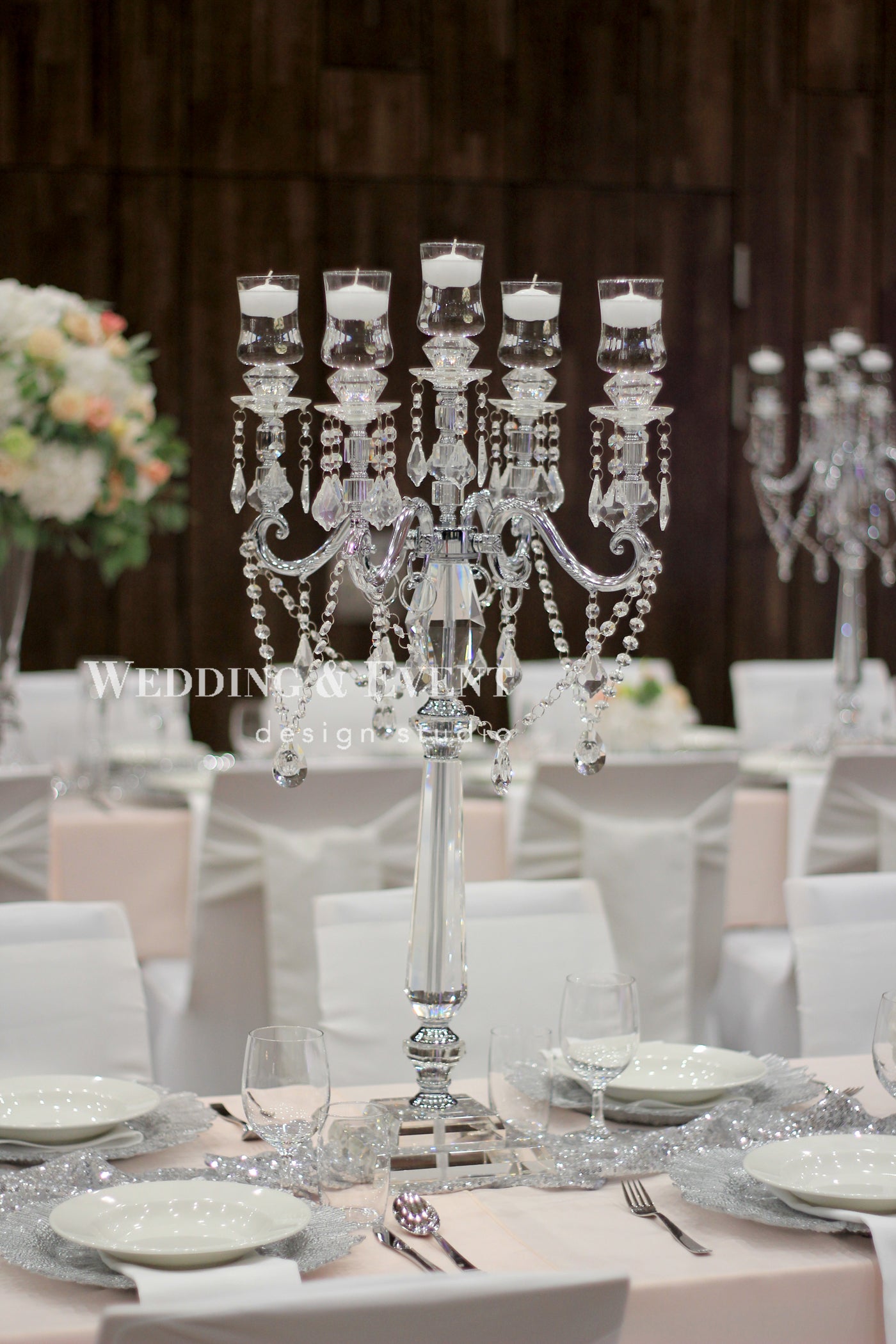 5-Arm Kristall Kerzenständer silber Kerzenleuchter inkl. Glasaufsatz Chiavari Tiffany Stuhlhusse Hochzeit Stuttgart – 3