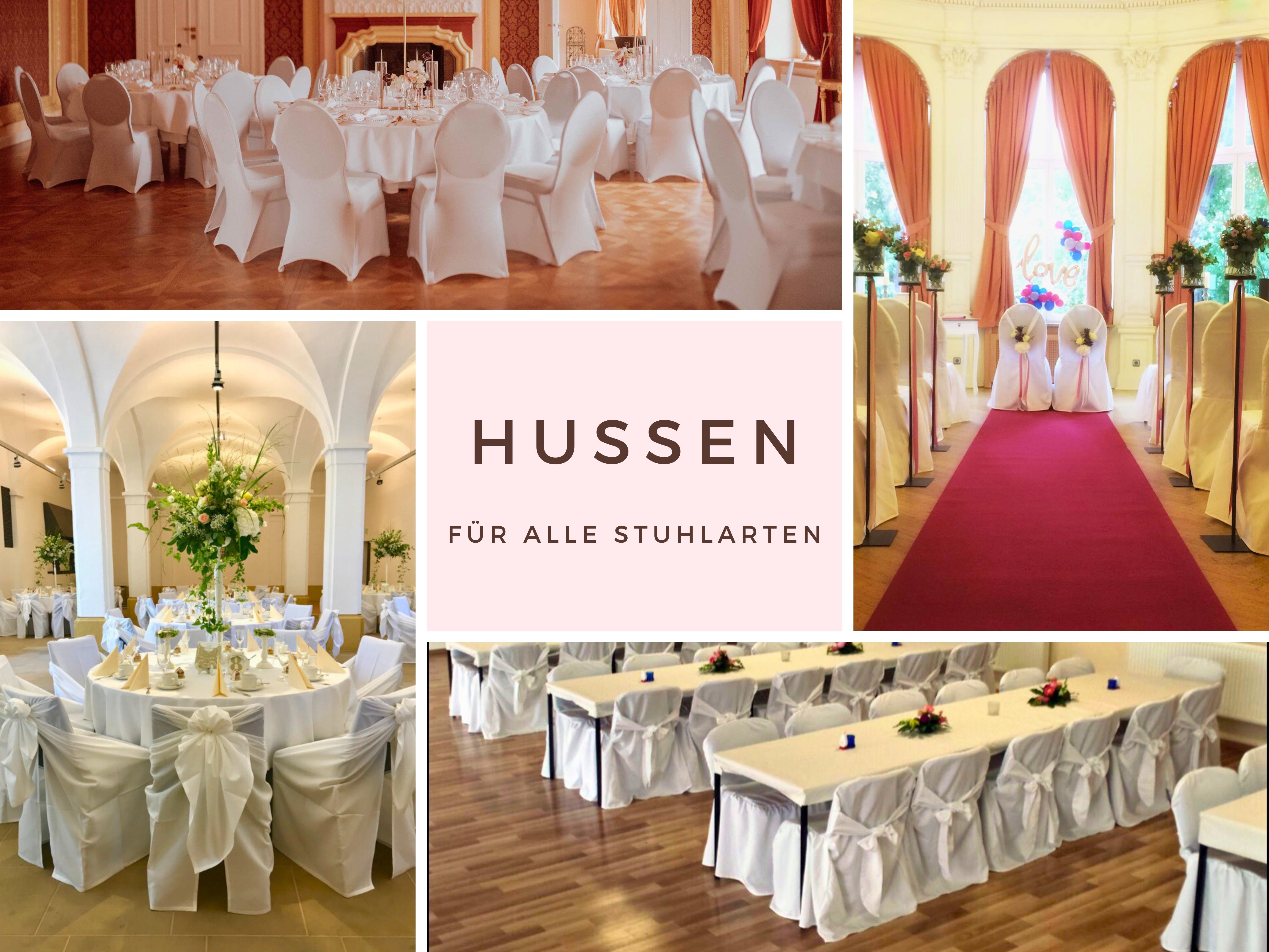 Hussen, Stretchhusse, Stehtischhussen, Festzelthussen, Banketthussen, Universalhussen, Stuhlhussen, Skirting, Stuhlschleifen