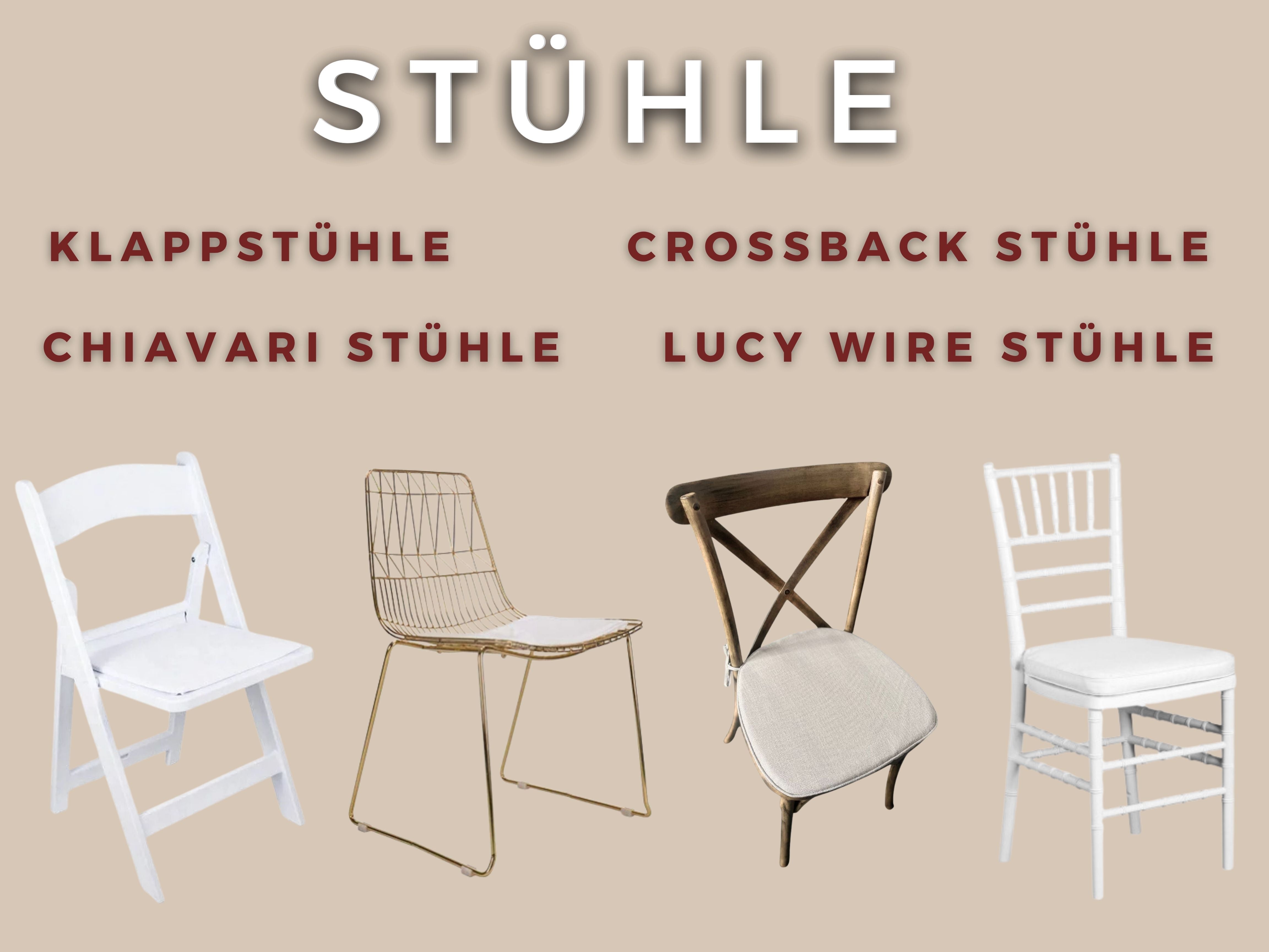 Hochzeitsstühle, Chiavari Stühle, Crossback Stühle, Lucy Wire Stühle, Klappstühle, Tiffany Stühle, goldene Stühle, Freie Trauung, Aussenhochzeit, weiße Stühle, Tiffany Stuhl, Wiesenhochzeit, Vintage,