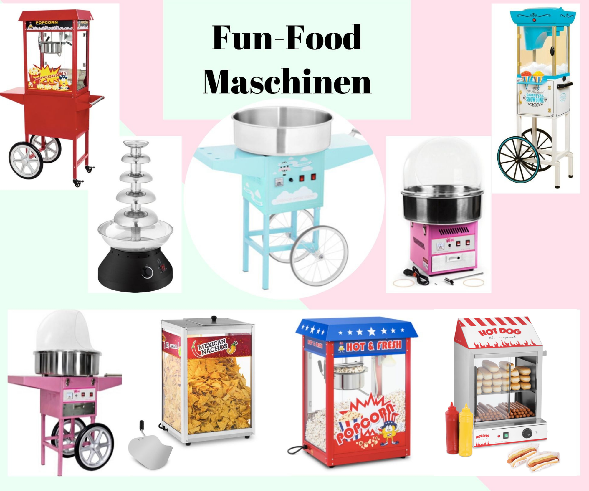 Zuckerwattemaschine, Popcornmaschine, Schokoladenbrunnen, Schokobrunnen, Schokofontäne, Popcornmaschine mit Wagen, Zuckerwattemaschine mit Wagen, Nacho Wärmer, Hot Dog Maschine, Hotdog, Funfood, Popco