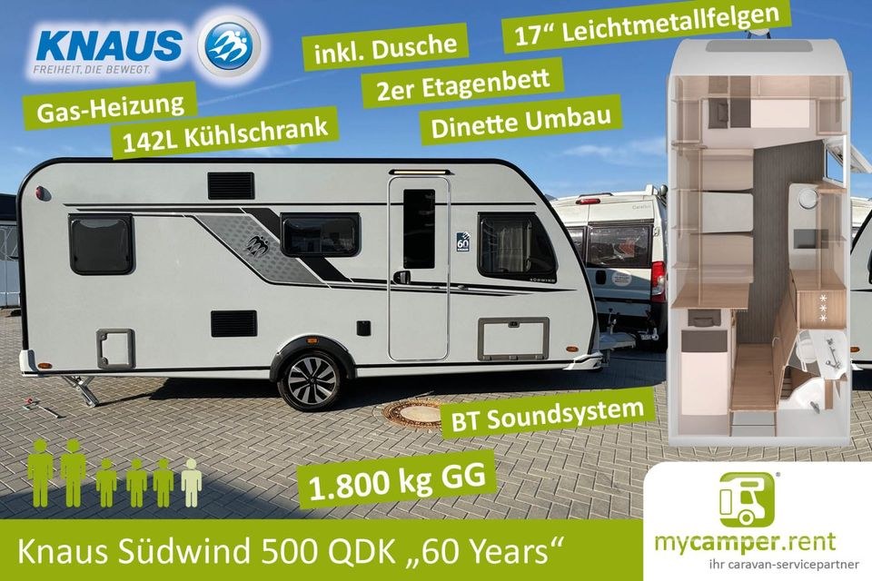 Familien Wohnwagen 3er Etagenbett Knaus Südwind mieten bei mycamper