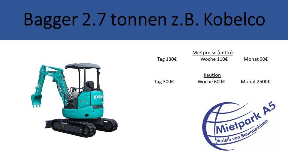Mietpark A5 Minibagger Kobelco 2,8t mieten bei Mietpark A5