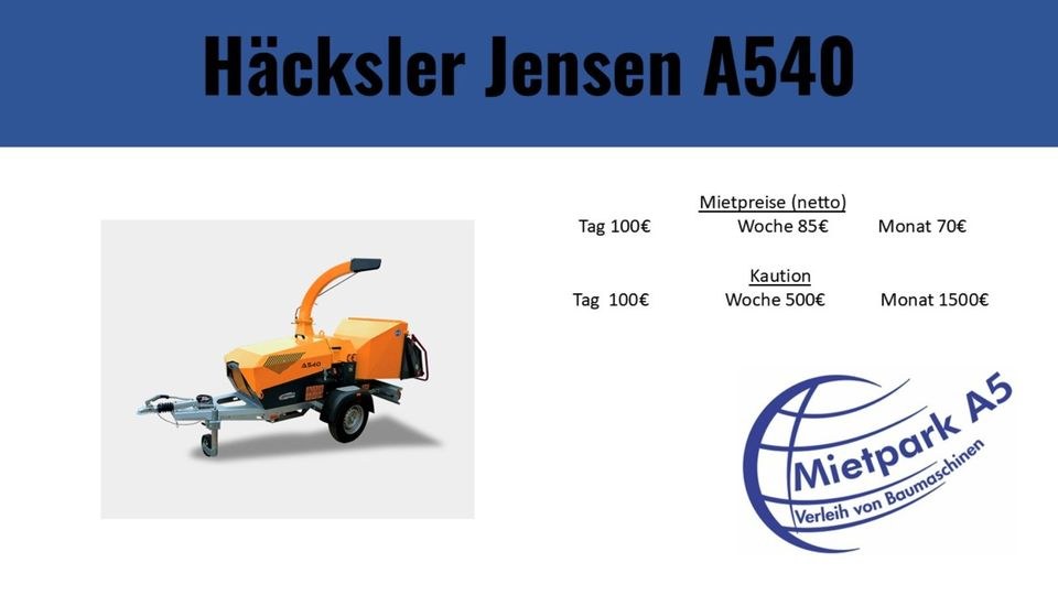 Häcksler Jensen A540 mieten bei Mietpark A5 – für Ast- & Heckenschnitt