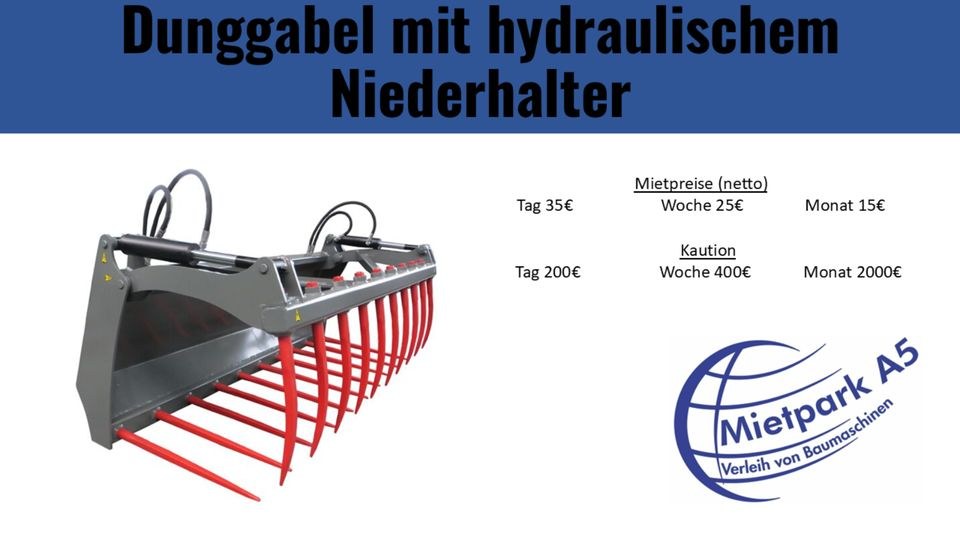 Anbaugerät Dunggabel hydraulischem Niederhalter mieten bei Mietpark A5